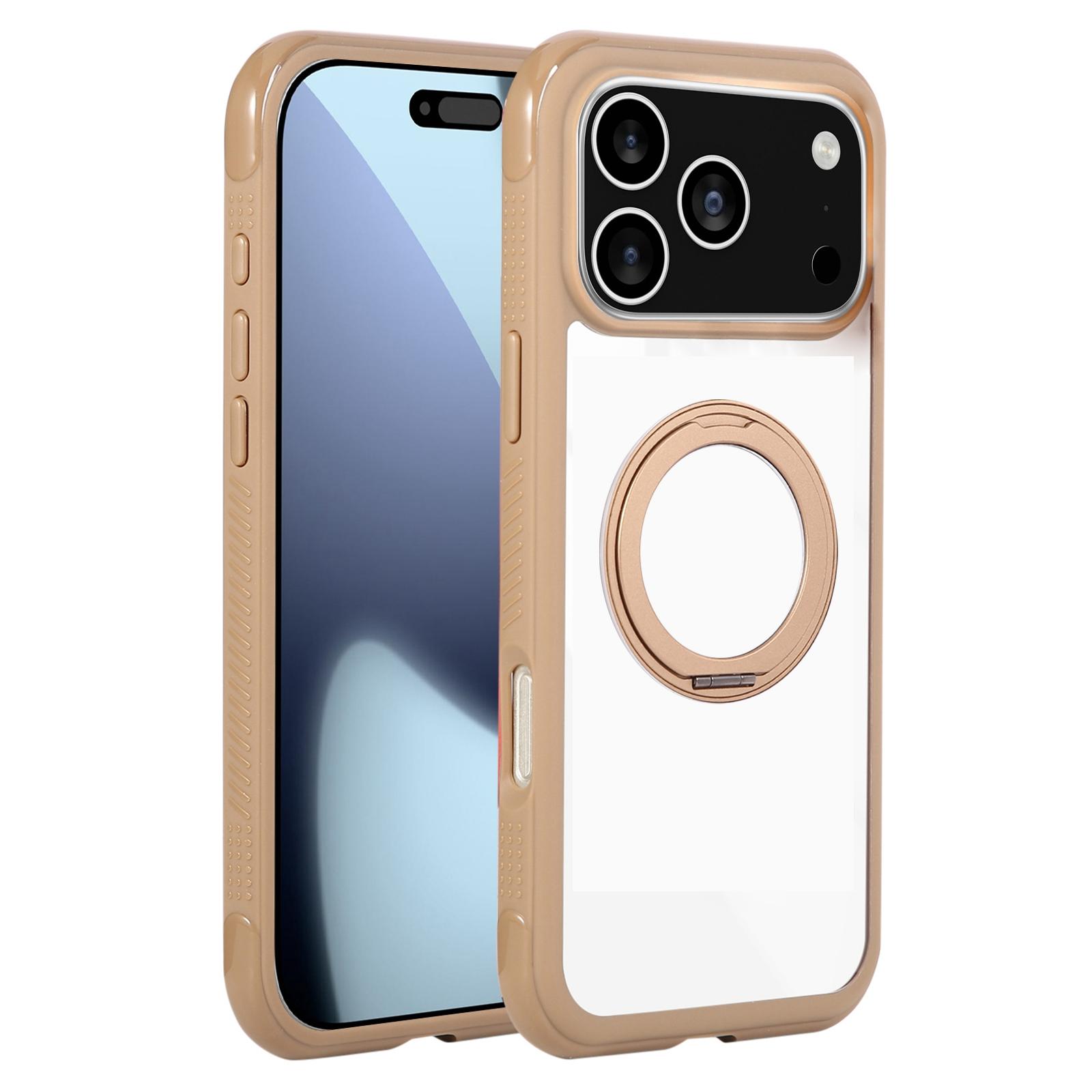For iPhone 17 Pro Max Solid Color Edge Transparency Rotation Holder MagSafe Phone Case(Brown) - Shopkiz.com