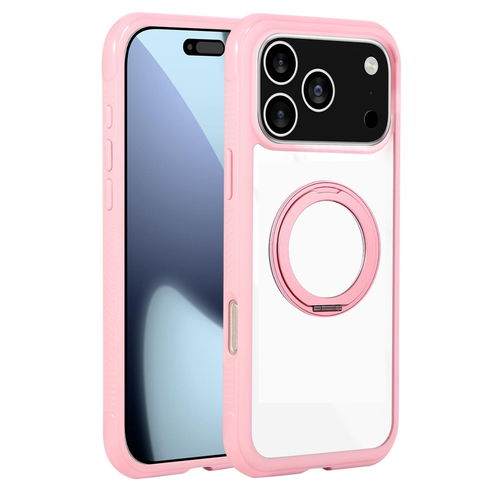 For iPhone 17 Pro Solid Color Edge Transparency Rotation Holder MagSafe Phone Case(Pink) - Shopkiz.com