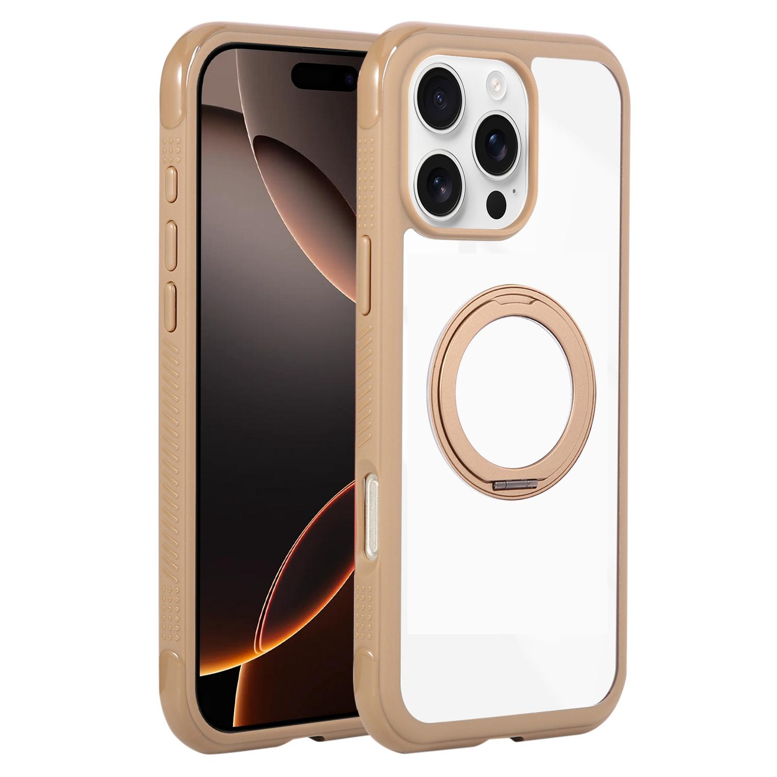 For iPhone 16 Pro Solid Color Edge Transparency Rotation Holder MagSafe Phone Case(Brown) - Shopkiz.com
