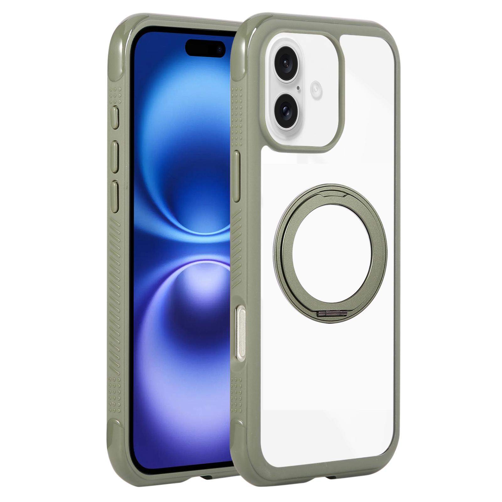 For iPhone 16 Plus Solid Color Edge Transparency Rotation Holder MagSafe Phone Case(Army Green) - Shopkiz.com