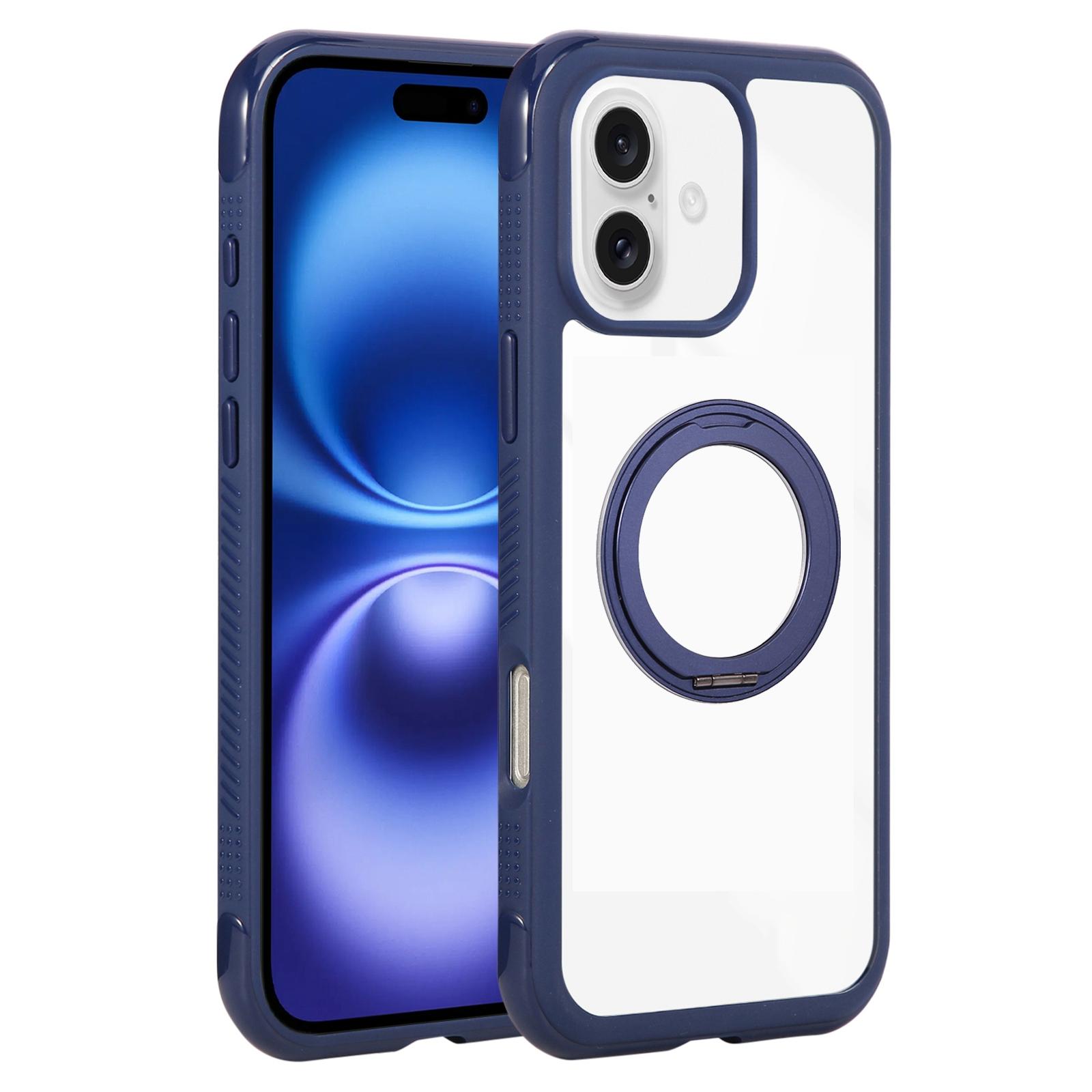 For iPhone 16 Solid Color Edge Transparency Rotation Holder MagSafe Phone Case(Royal Blue) - Shopkiz.com