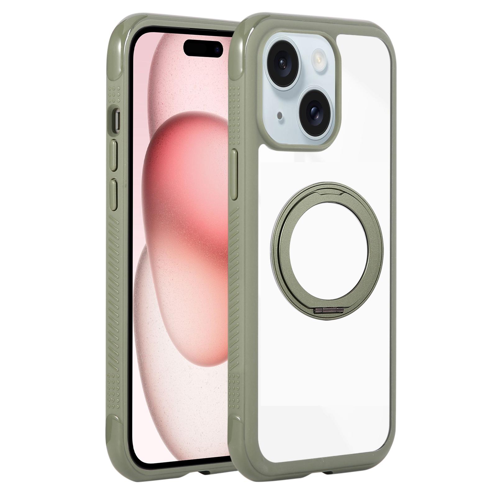 For iPhone 15 / 14 / 13 Solid Color Edge Transparency Rotation Holder MagSafe Phone Case(Army Green) - Shopkiz.com