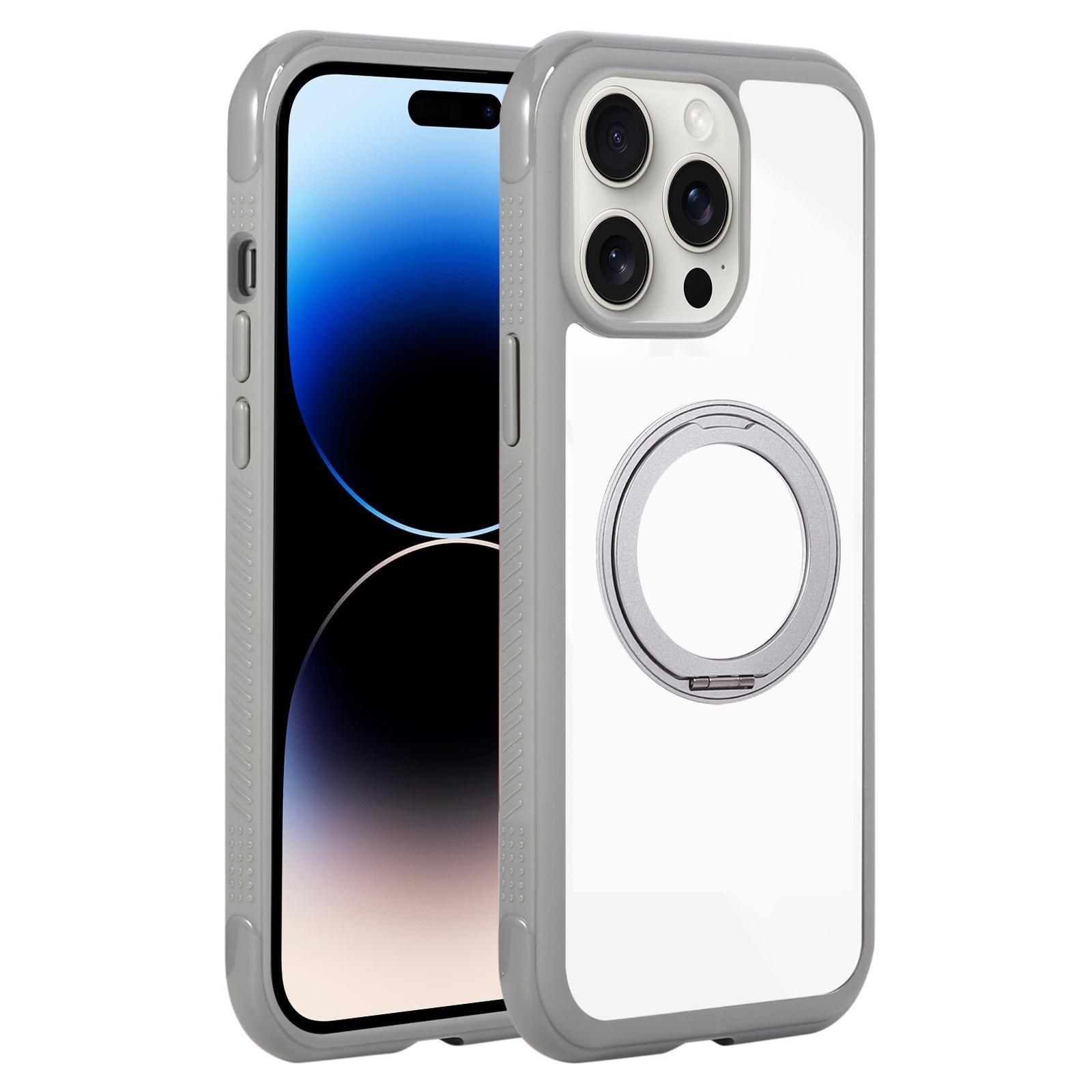 For iPhone 14 Pro Max Solid Color Edge Transparency Rotation Holder MagSafe Phone Case(Grey) - Shopkiz.com