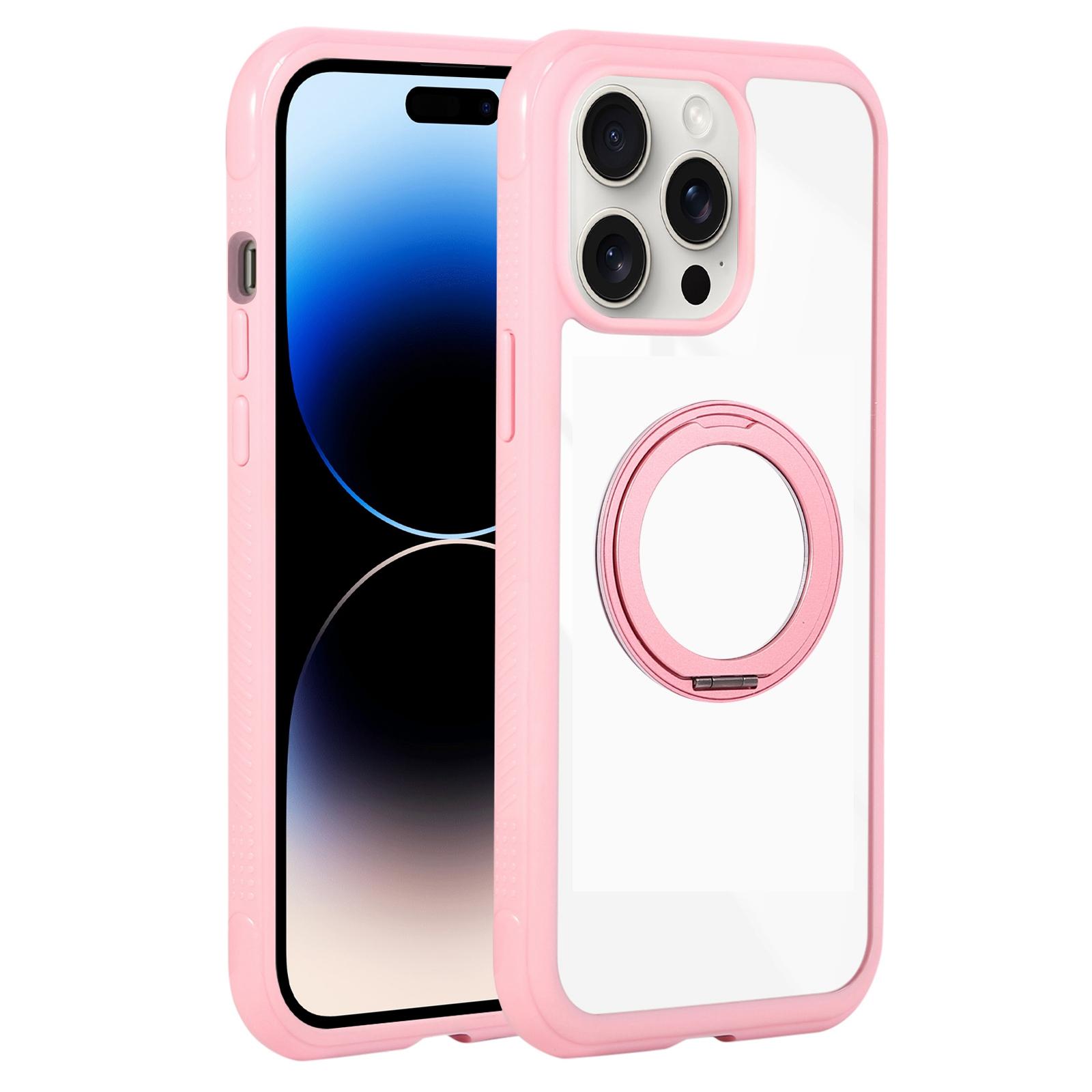 For iPhone 14 Pro Max Solid Color Edge Transparency Rotation Holder MagSafe Phone Case(Pink) - Shopkiz.com