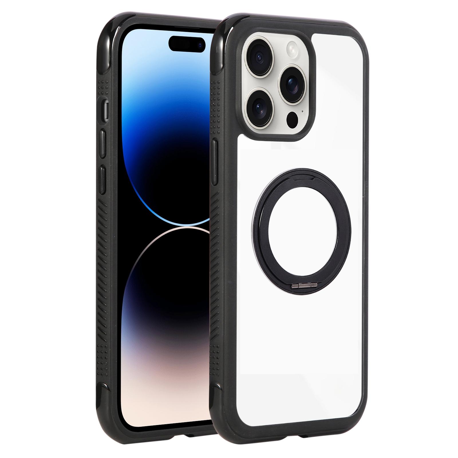 For iPhone 14 Pro Max Solid Color Edge Transparency Rotation Holder MagSafe Phone Case(Black) - Shopkiz.com