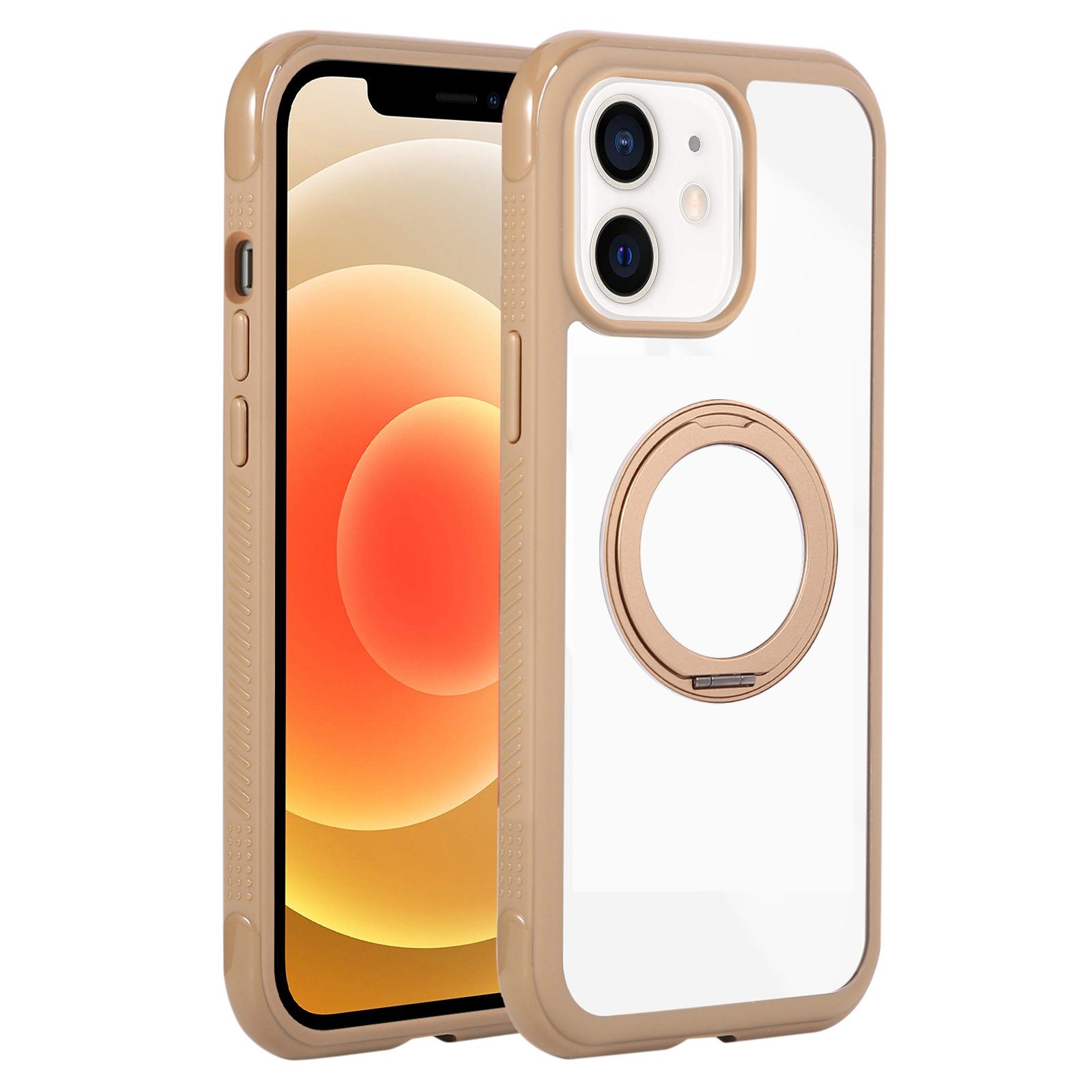 For iPhone 12 / 12 Pro Solid Color Edge Transparency Rotation Holder MagSafe Phone Case(Brown) - Shopkiz.com