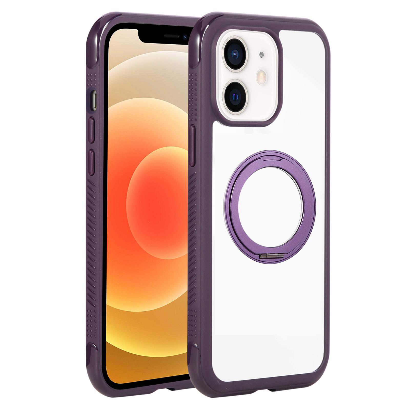 For iPhone 12 / 12 Pro Solid Color Edge Transparency Rotation Holder MagSafe Phone Case(Dark Purple) - Shopkiz.com