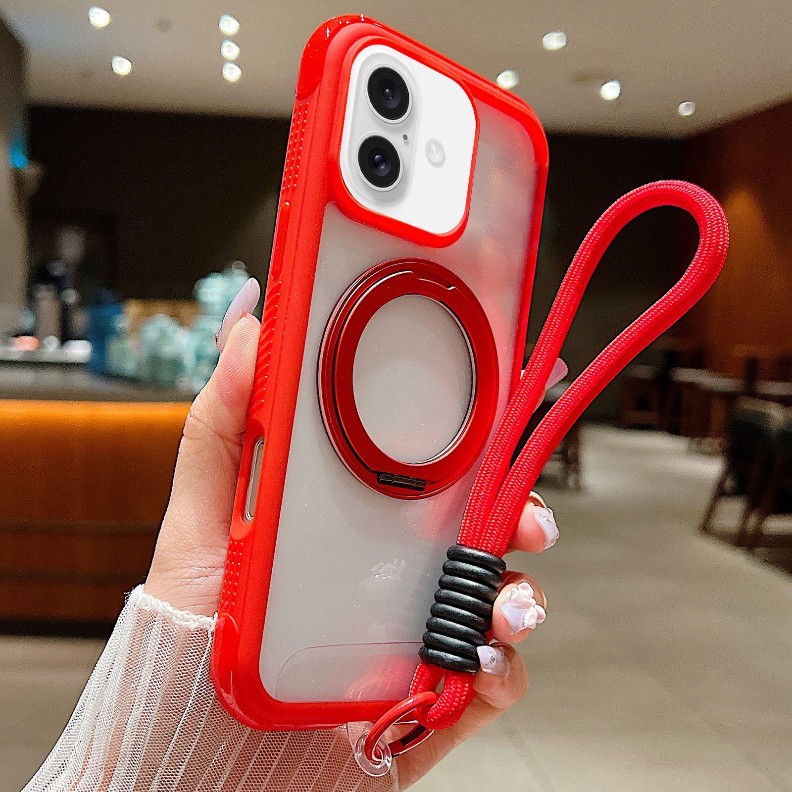For iPhone 16 Solid Color Edge Transparency Rotation Holder MagSafe Phone Case with Wrist Strap(Red) - Shopkiz.com
