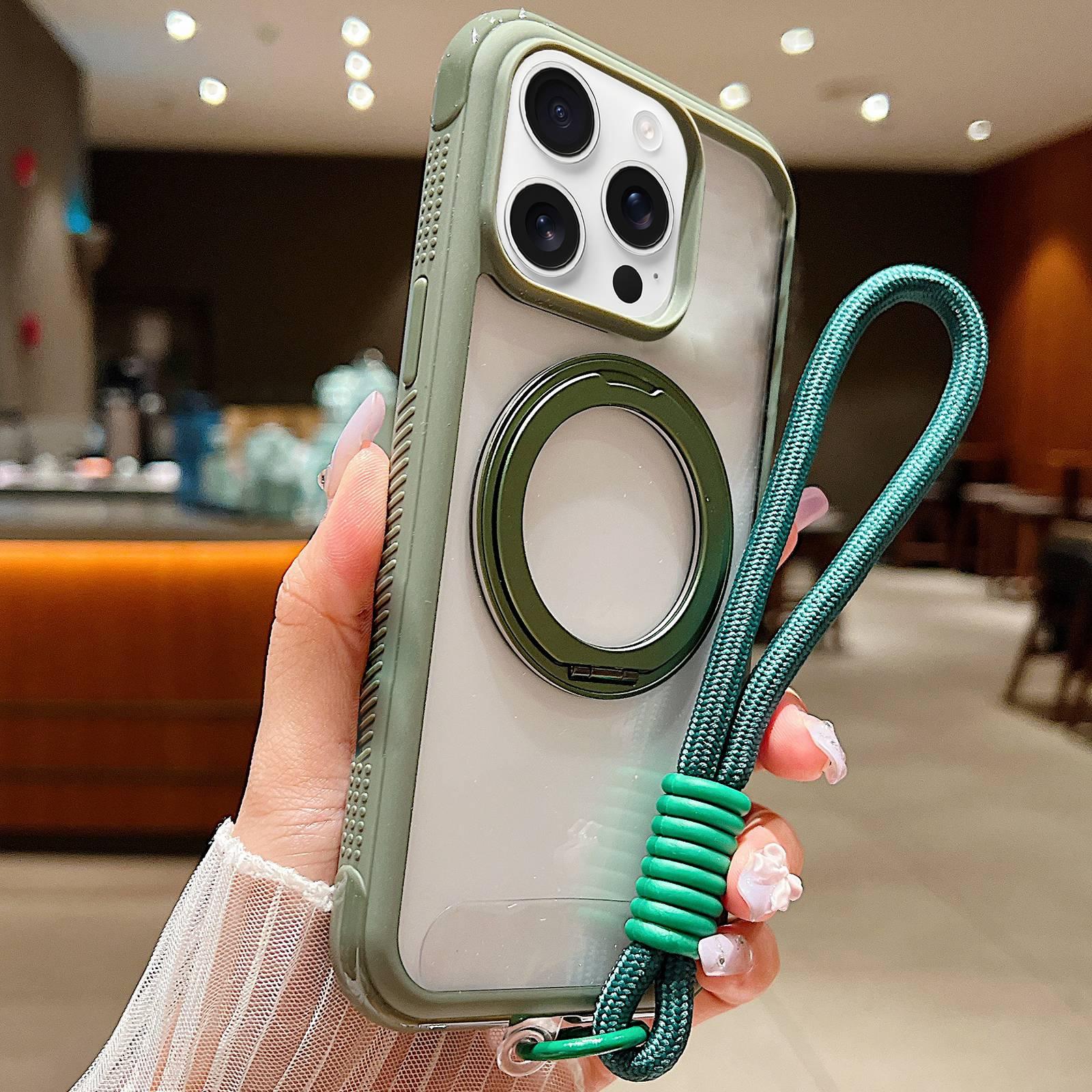 For iPhone 15 Pro Max Solid Color Edge Transparency Rotation Holder MagSafe Phone Case with Wrist Strap(Army Green) - Shopkiz.com