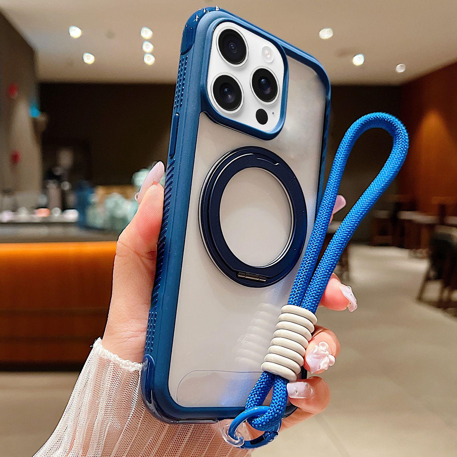 For iPhone 15 Pro Solid Color Edge Transparency Rotation Holder MagSafe Phone Case with Wrist Strap(Royal Blue) - Shopkiz.com