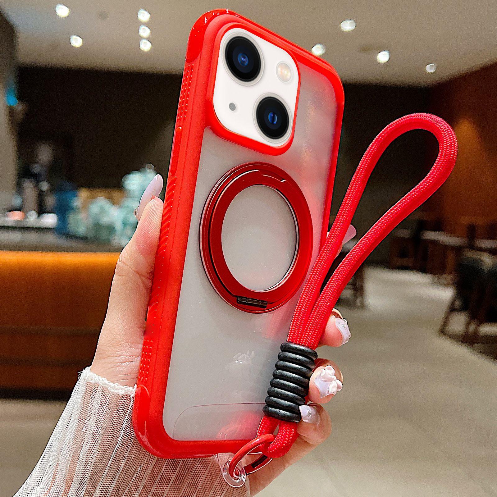 For iPhone 14 Plus / 15 Plus Solid Color Edge Transparency Rotation Holder MagSafe Phone Case with Wrist Strap(Red) - Shopkiz.com
