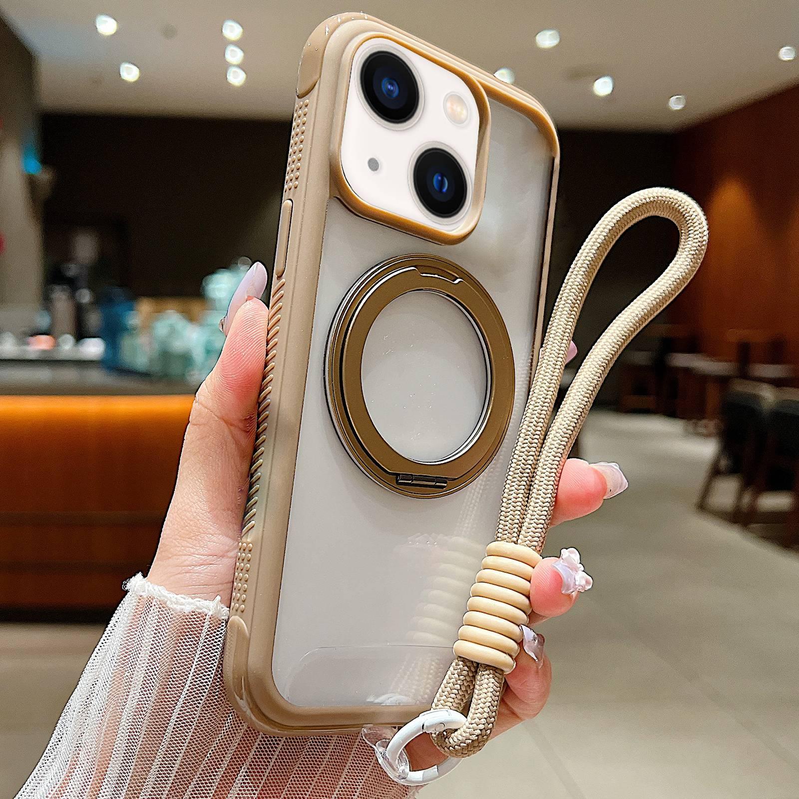 For iPhone 15 / 14 / 13 Solid Color Edge Transparency Rotation Holder MagSafe Phone Case with Wrist Strap(Brown) - Shopkiz.com