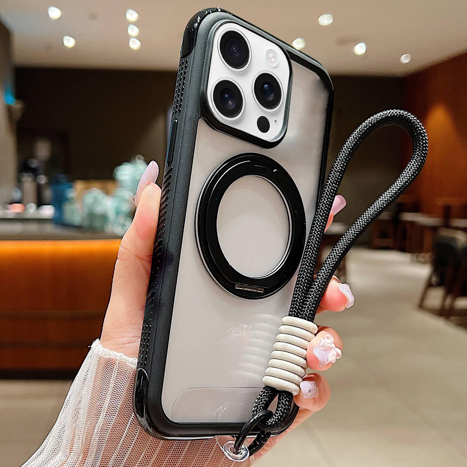 For iPhone 13 Pro Max / 12 Pro Max Solid Color Edge Transparency Rotation Holder MagSafe Phone Case with Wrist Strap(Black) - Shopkiz.com