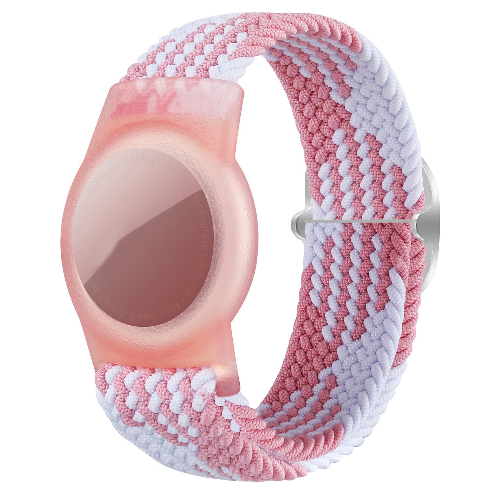 For AirTag 2nd Gen / AirTag 1st Gen xDfind Adjustable Nylon Braided Watch Band Style Anti-lost Tracker Protective Cover(Pink White) - Shopkiz.com