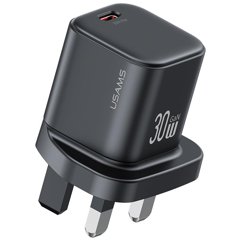 USAMS CC276 30W GaN USB-C / Type-C Port Mini Fast Charger, Plug:UK Plug(Black) - Shopkiz.com