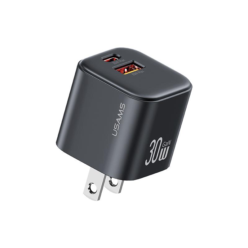 USAMS CC270 30W GaN USB-C / Type-C and USB Dual-port Mini Fast Charger, Plug:US Plug(Black) - Shopkiz.com