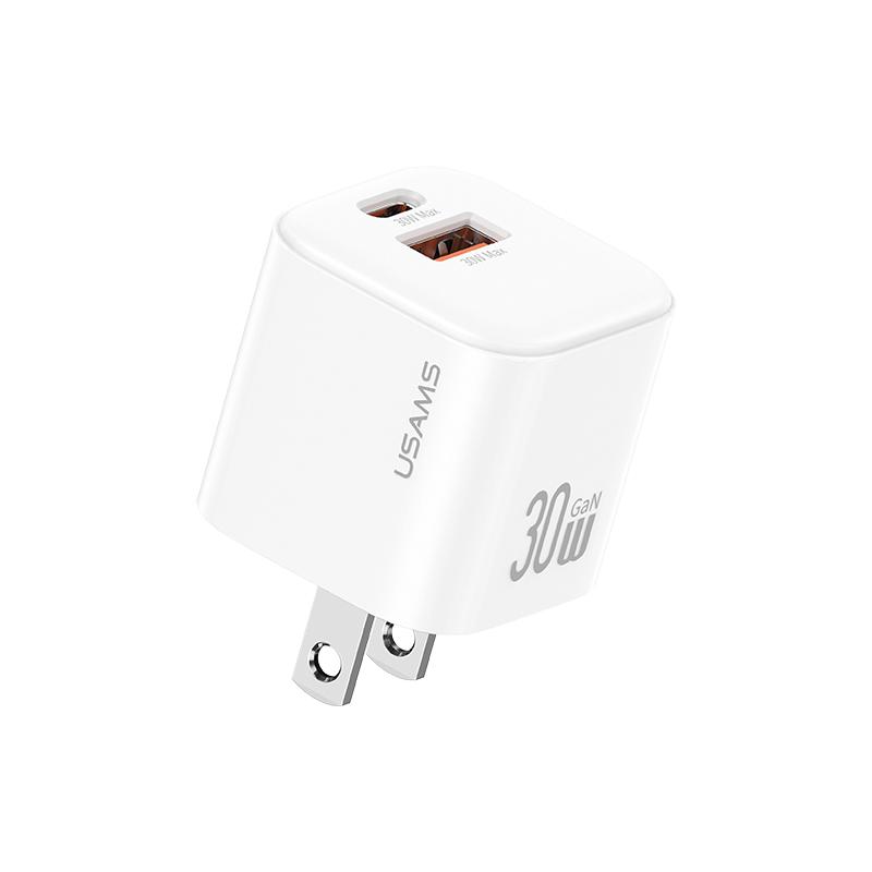 USAMS CC270 30W GaN USB-C / Type-C and USB Dual-port Mini Fast Charger, Plug:US Plug(White) - Shopkiz.com