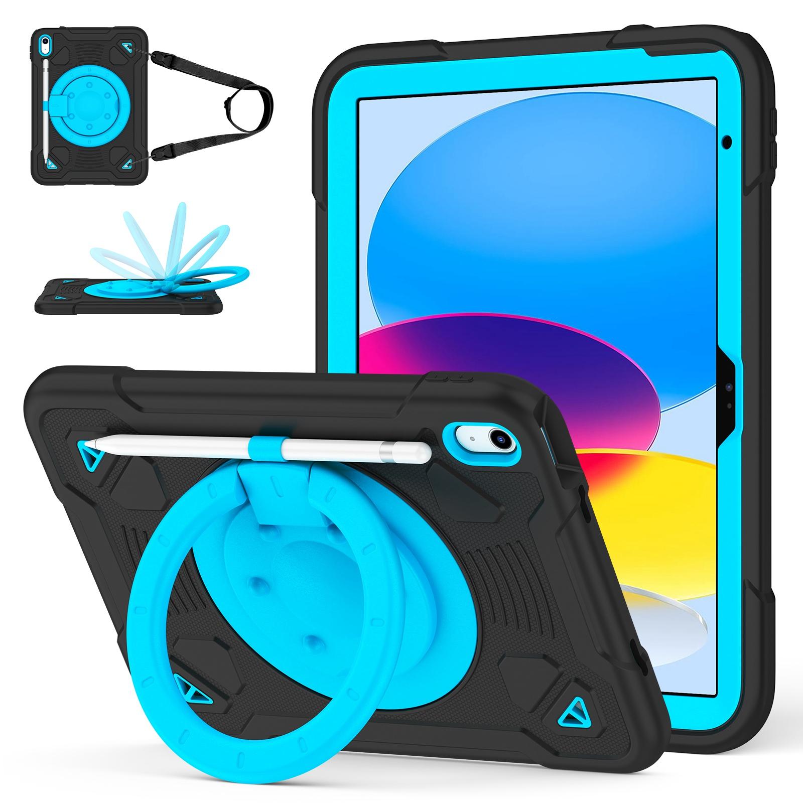For iPad 2025 / 2022 Space Planet Ring Holder Silicone Hydric PC Tablet Case with Shoulder Strap(Black Blue) - Shopkiz.com