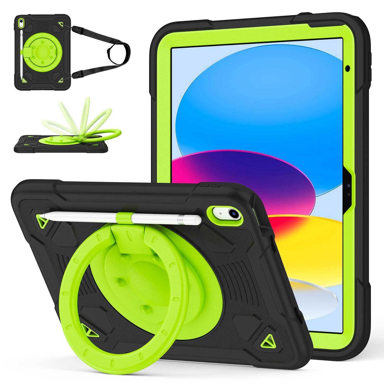 For iPad 2025 / 2022 Space Planet Ring Holder Silicone Hydric PC Tablet Case with Shoulder Strap(Black Green) - Shopkiz.com