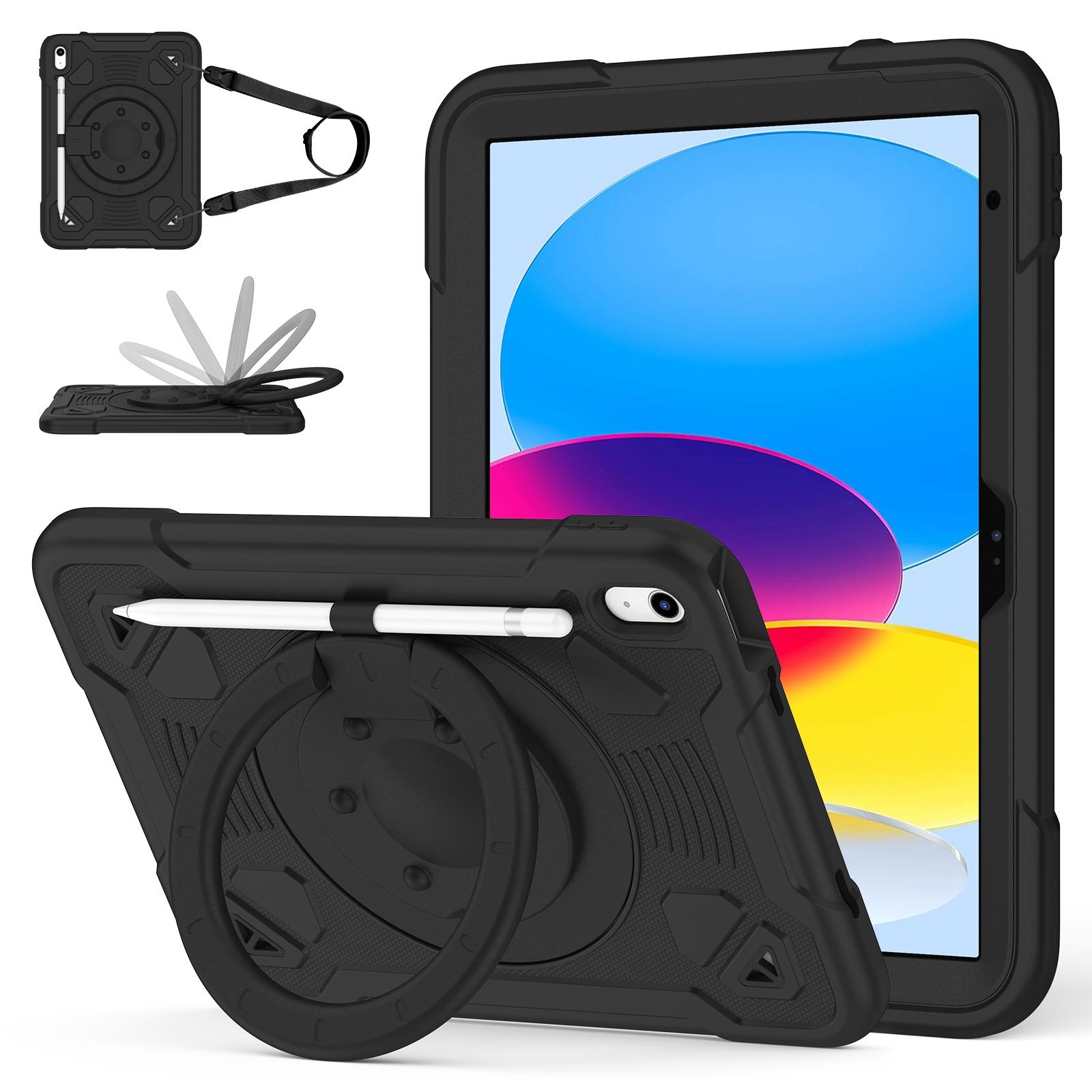 For iPad 2025 / 2022 Space Planet Ring Holder Silicone Hydric PC Tablet Case with Shoulder Strap(Black) - Shopkiz.com