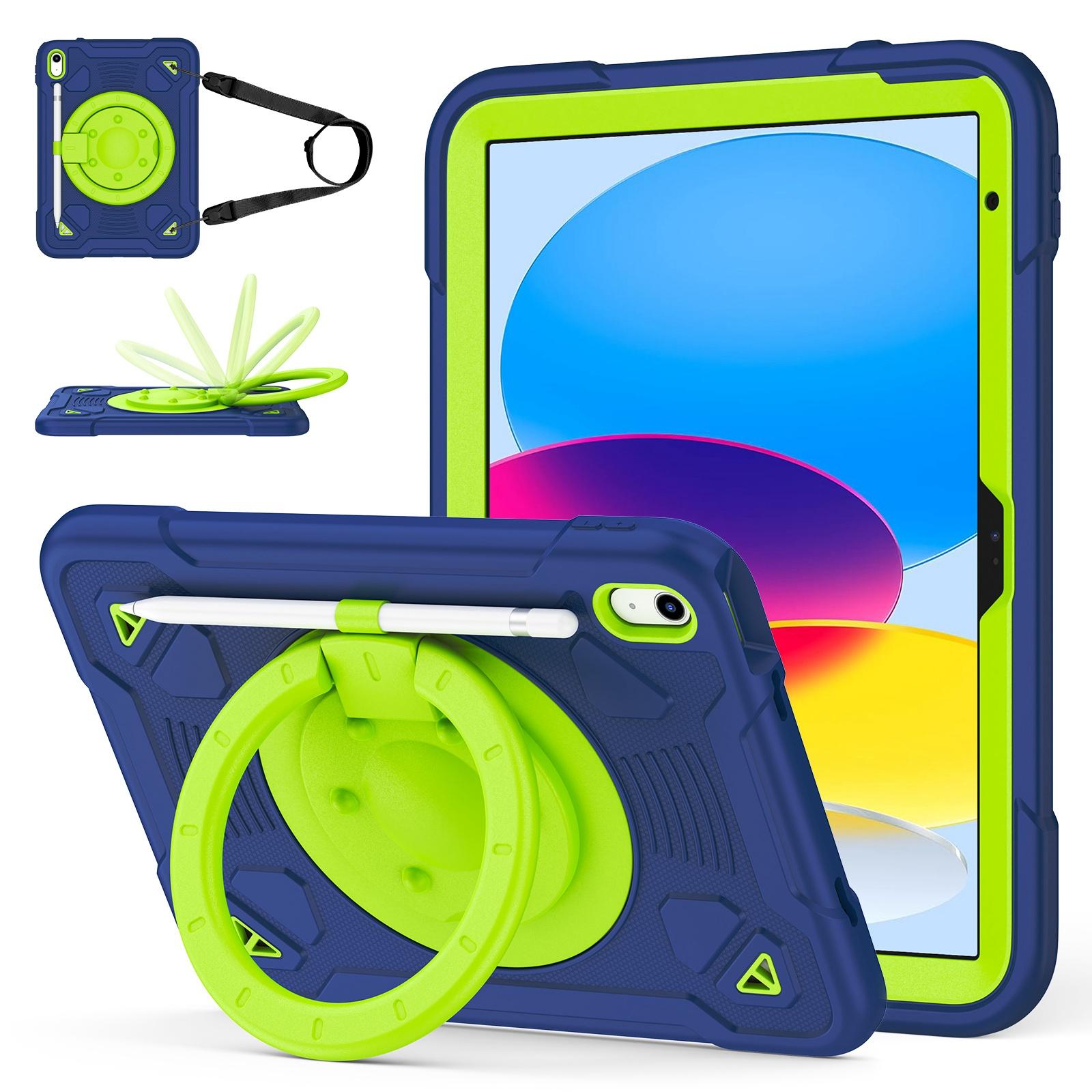 For iPad 2025 / 2022 Space Planet Ring Holder Silicone Hydric PC Tablet Case with Shoulder Strap(Navy Blue Green) - Shopkiz.com