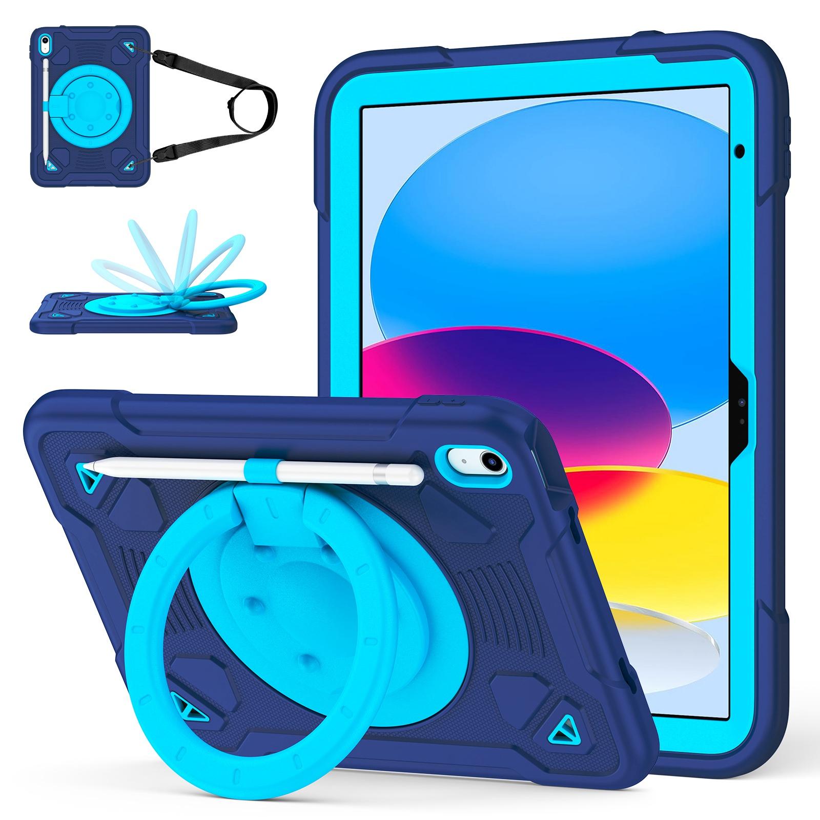For iPad 2025 / 2022 Space Planet Ring Holder Silicone Hydric PC Tablet Case with Shoulder Strap(Navy Blue Blue) - Shopkiz.com