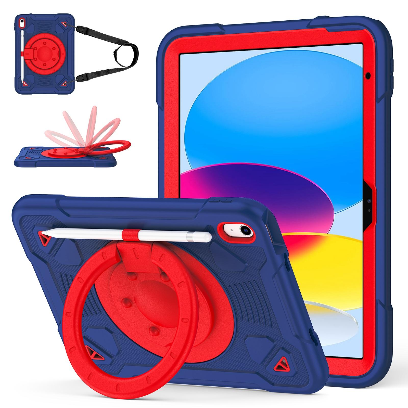 For iPad 2025 / 2022 Space Planet Ring Holder Silicone Hydric PC Tablet Case with Shoulder Strap(Navy Blue Red) - Shopkiz.com