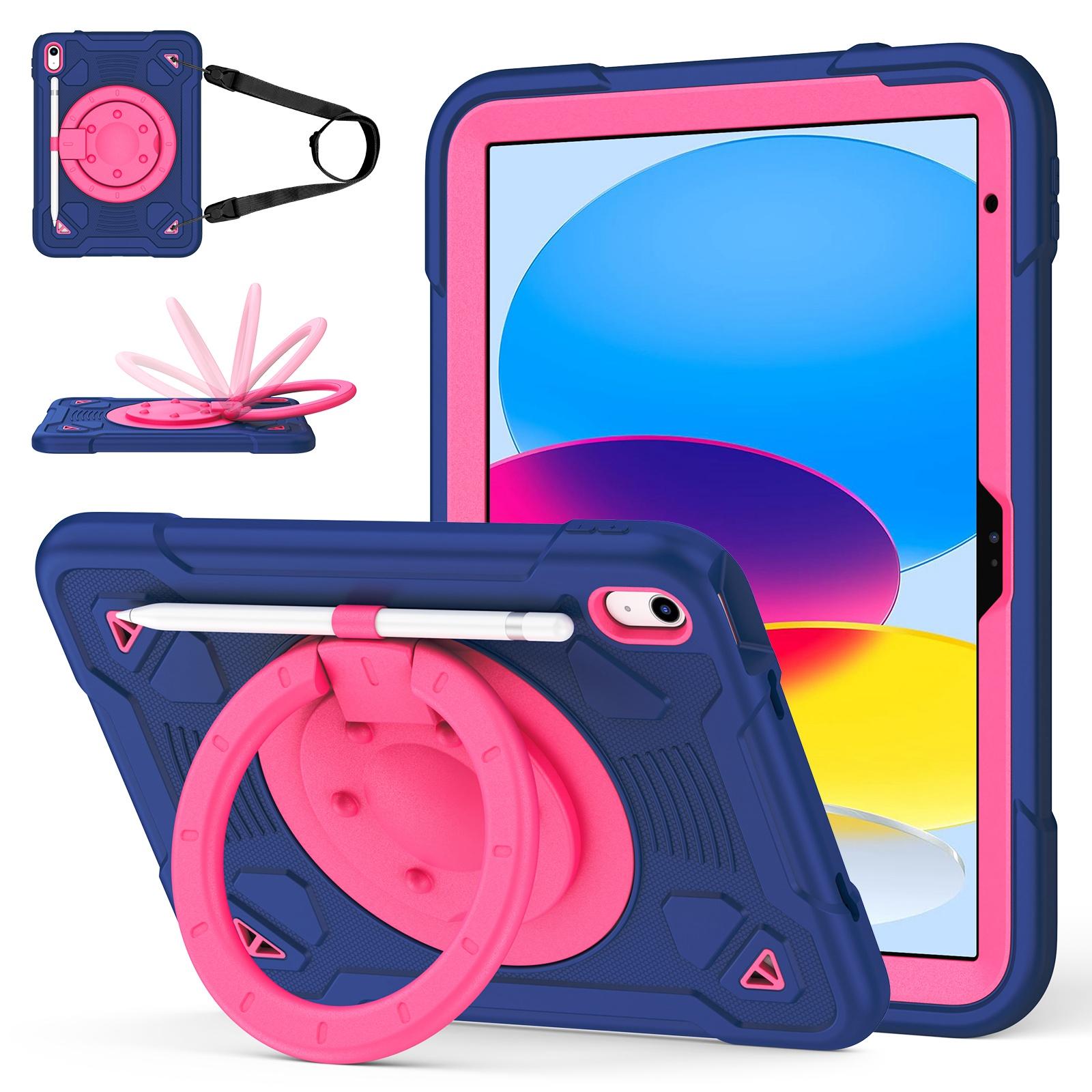 For iPad 2025 / 2022 Space Planet Ring Holder Silicone Hydric PC Tablet Case with Shoulder Strap(Navy Blue Rose Red) - Shopkiz.com