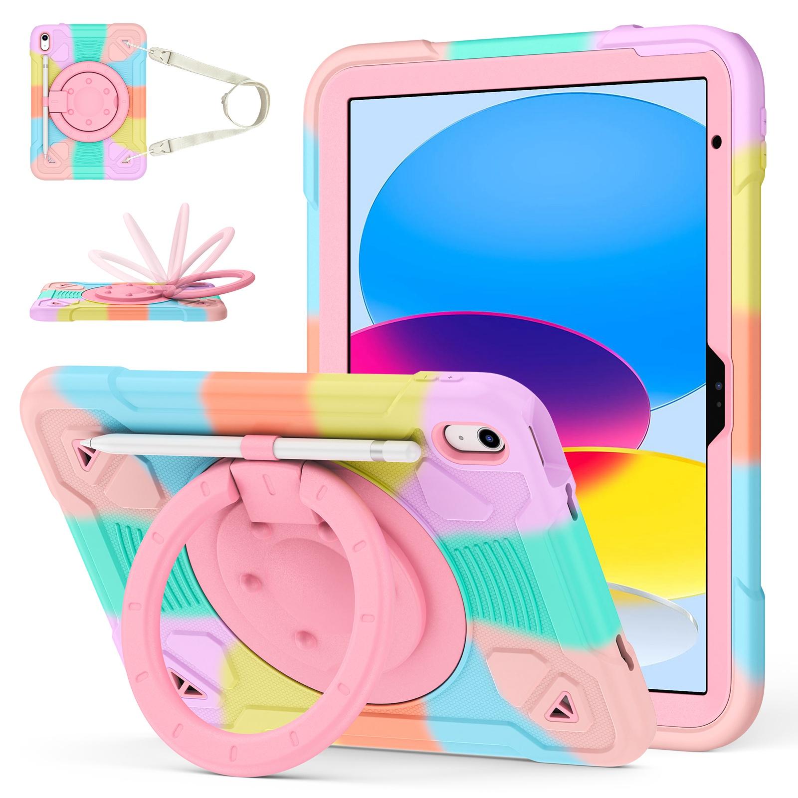 For iPad 2025 / 2022 Space Planet Ring Holder Silicone Hydric PC Tablet Case with Shoulder Strap(Colorful Pink) - Shopkiz.com