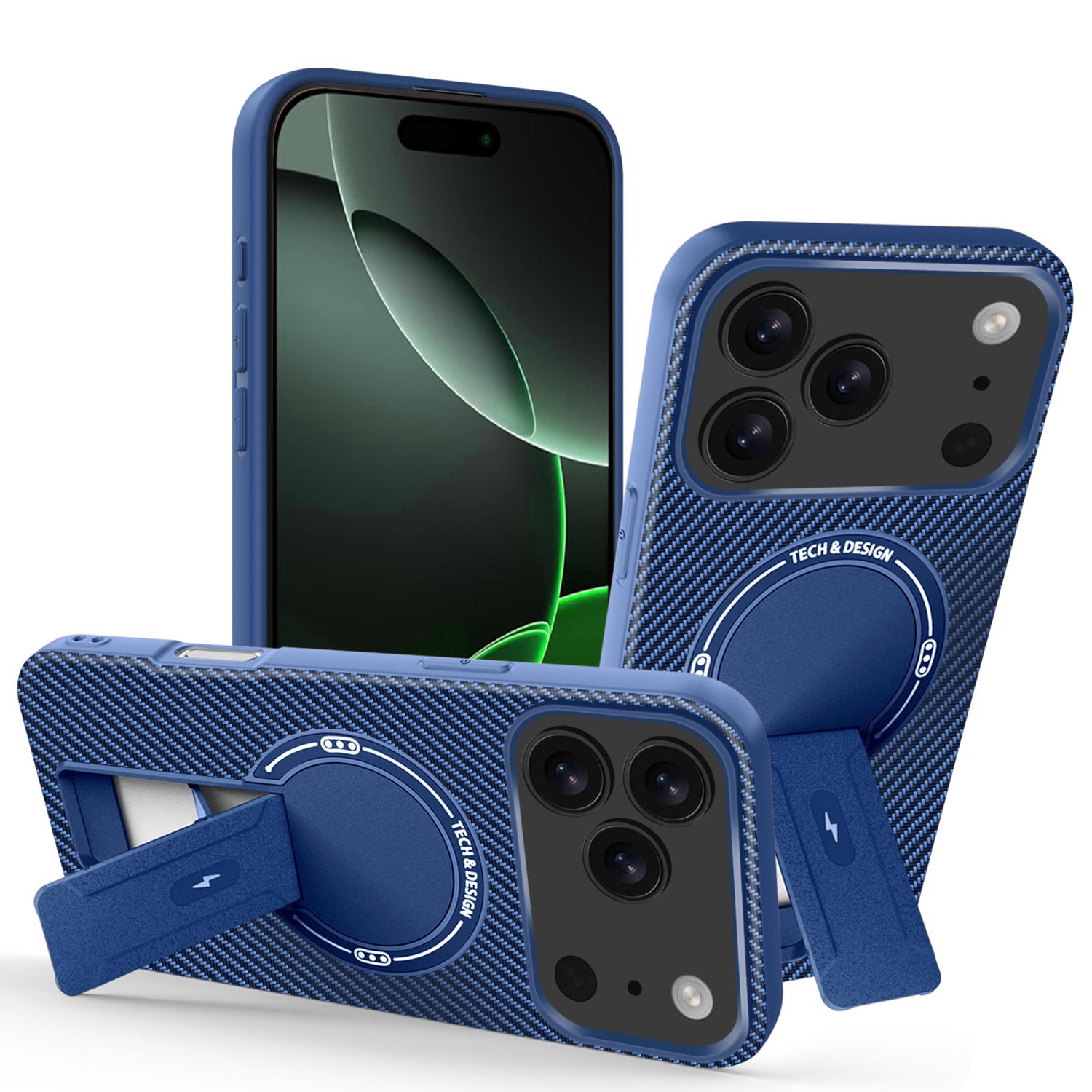 For iPhone 17 Pro Carbon Fiber Texture MagSafe Phone Case with Holder(Blue) - Shopkiz.com