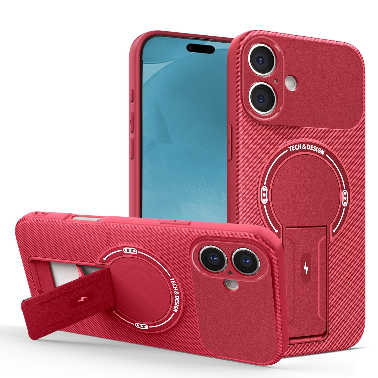 For iPhone 17 Carbon Fiber Texture MagSafe Phone Case with Holder(Red) - Shopkiz.com