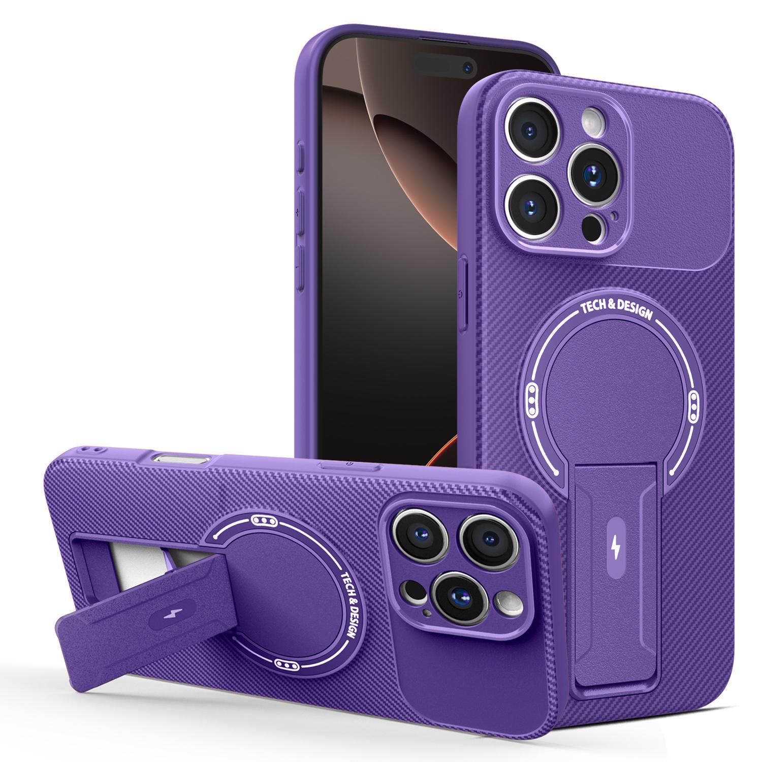 For iPhone 16 Pro Max Carbon Fiber Texture MagSafe Phone Case with Holder(Purple) - Shopkiz.com