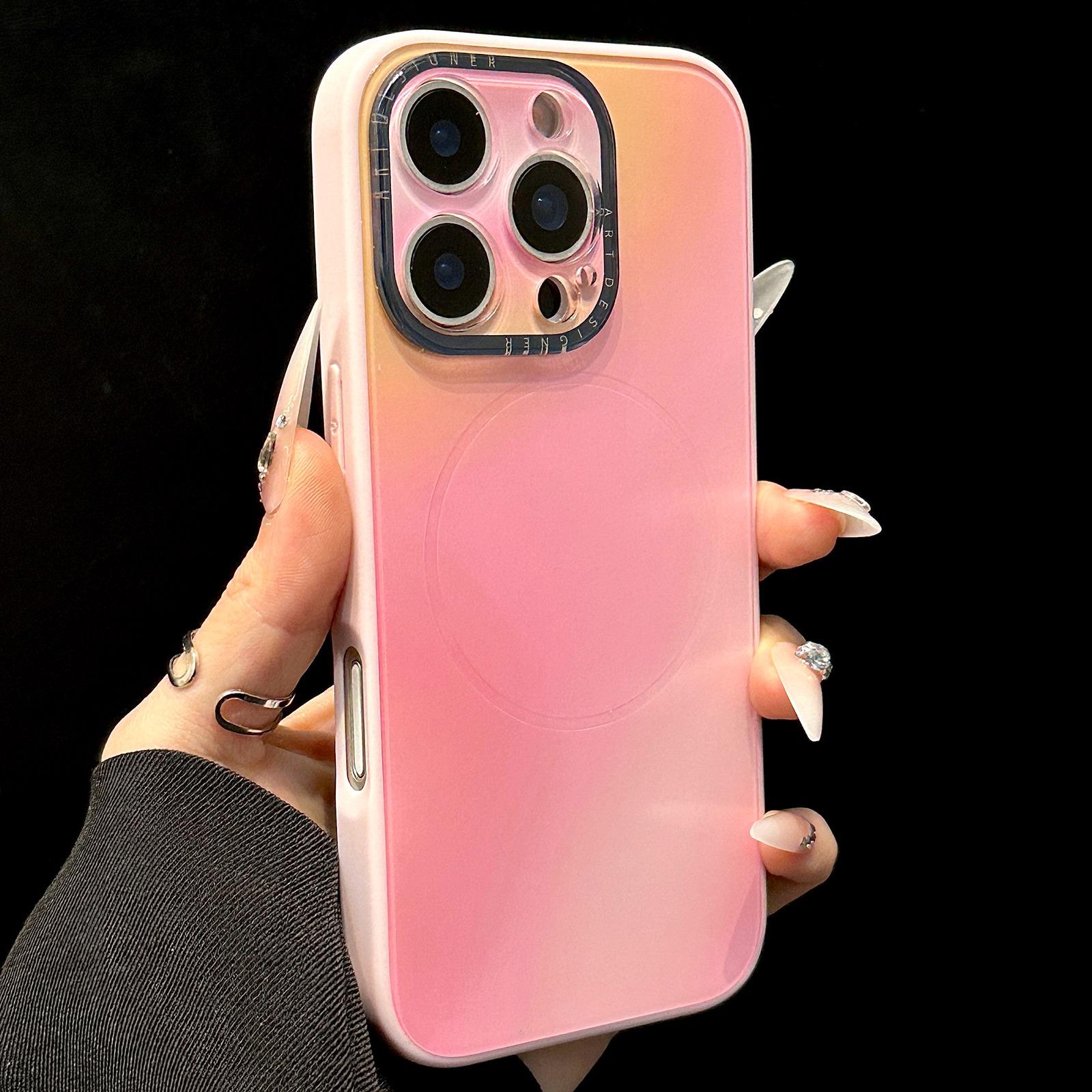 For iPhone 16 Pro Max Gradient Silk Print Acrylic Hybrid TPU MagSafe Phone Case(Pink) - Shopkiz.com