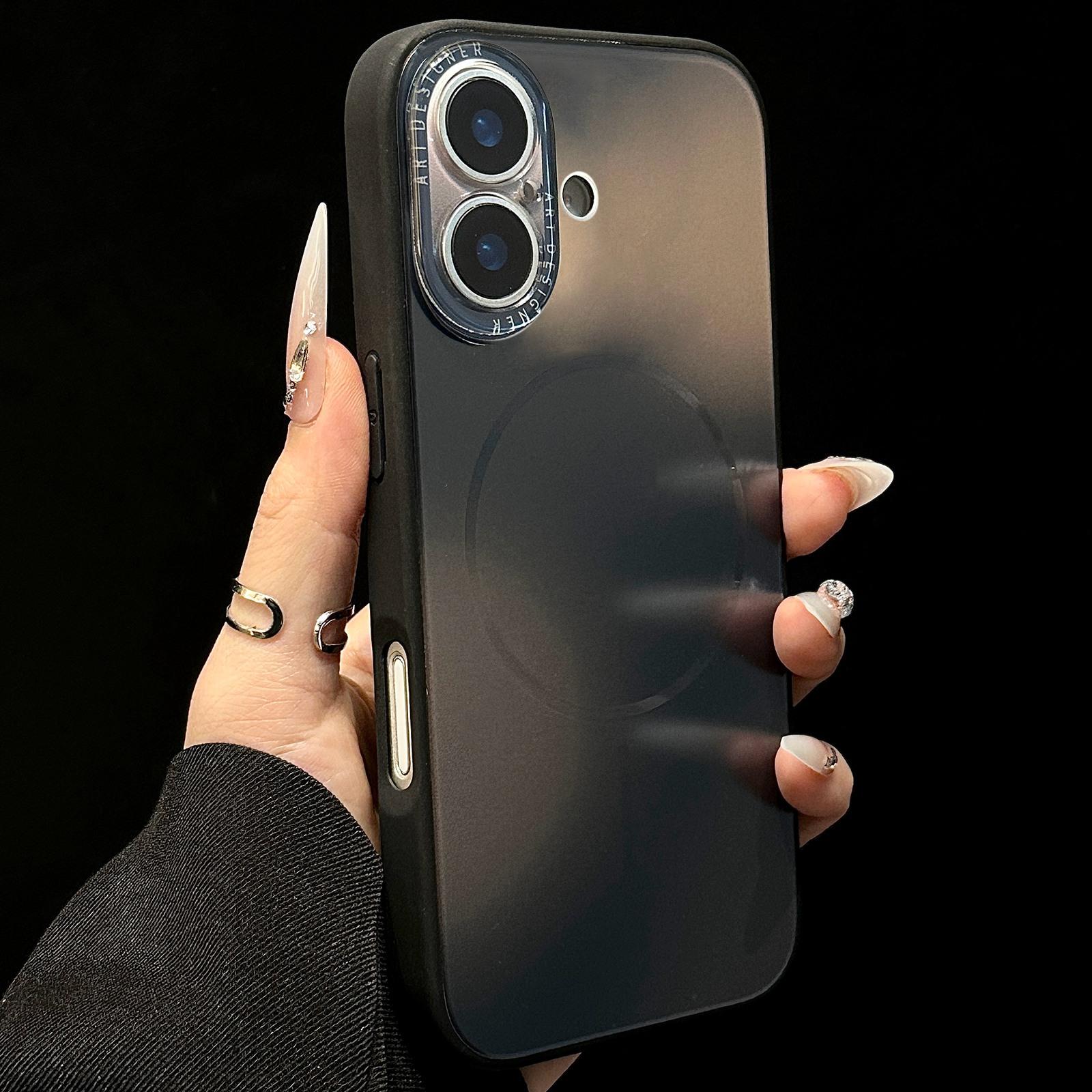 For iPhone 16 Gradient Silk Print Acrylic Hybrid TPU MagSafe Phone Case(Black) - Shopkiz.com