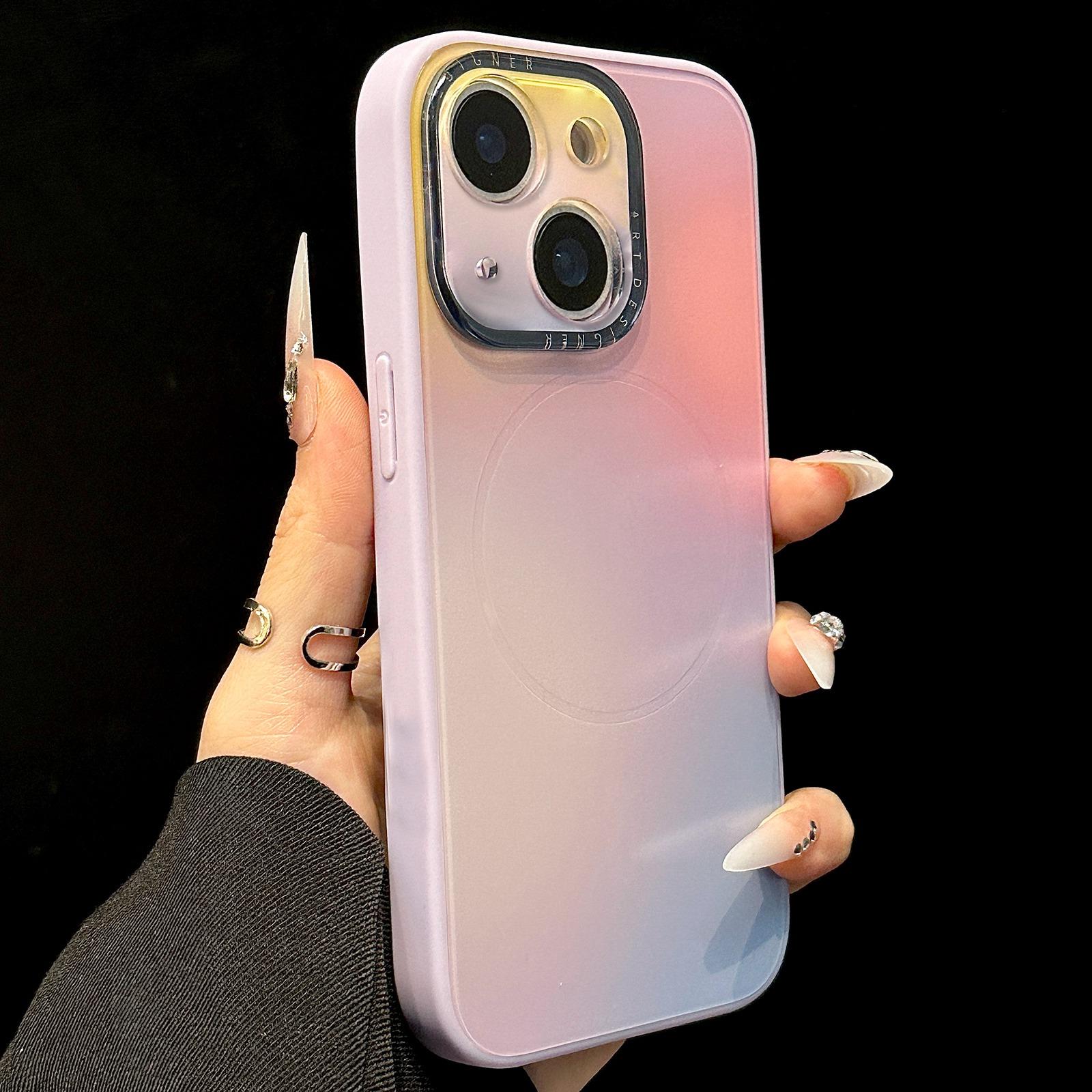 For iPhone 15 Plus Gradient Silk Print Acrylic Hybrid TPU MagSafe Phone Case(Purple) - Shopkiz.com