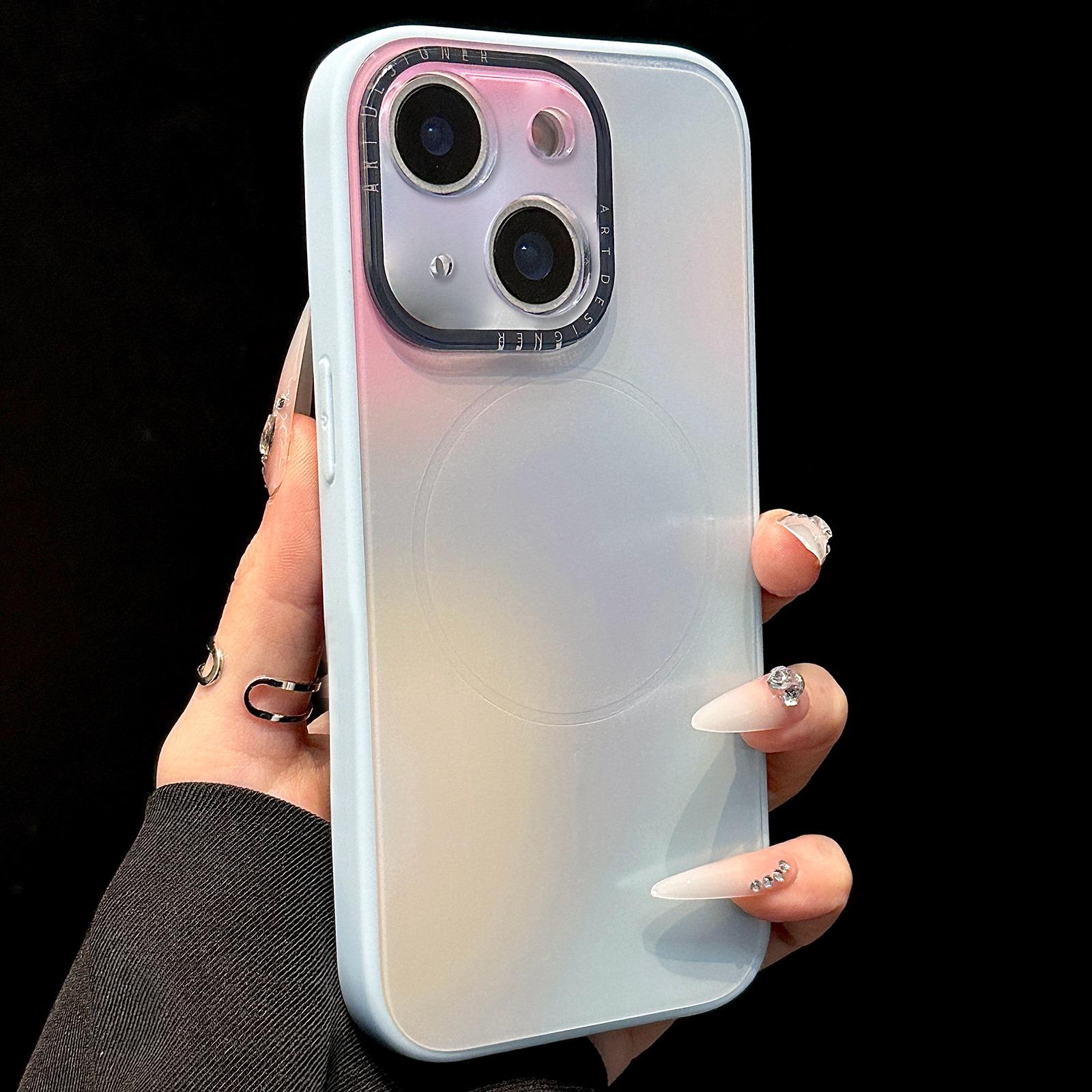For iPhone 15 Gradient Silk Print Acrylic Hybrid TPU MagSafe Phone Case(Blue) - Shopkiz.com