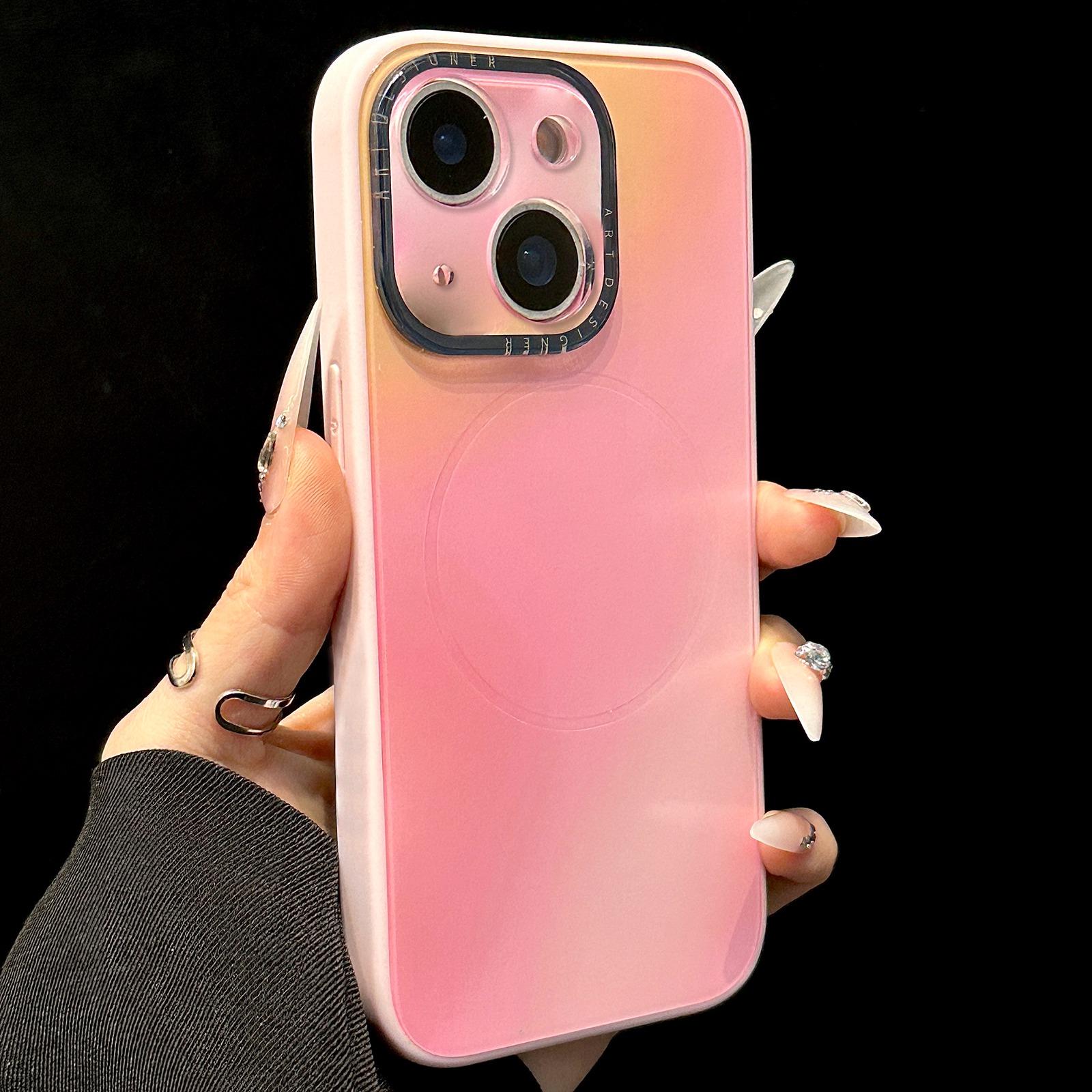For iPhone 14 Gradient Silk Print Acrylic Hybrid TPU MagSafe Phone Case(Pink) - Shopkiz.com