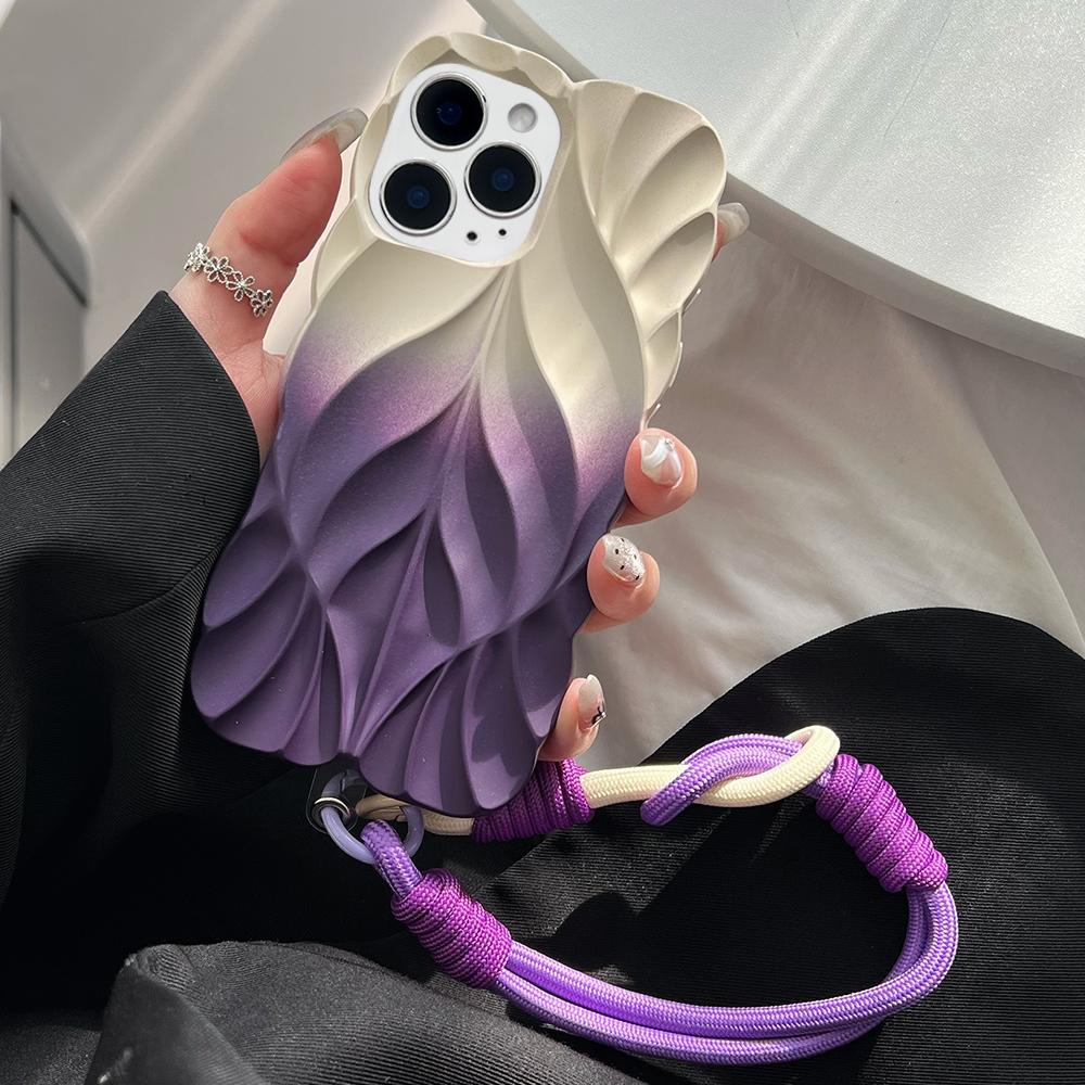 For iPhone 12 Pro Thickened 3D Leaf Pattern Two-Color Oil-Sprayed TPU Phone Case with Strap(Purple Gold) - Shopkiz.com