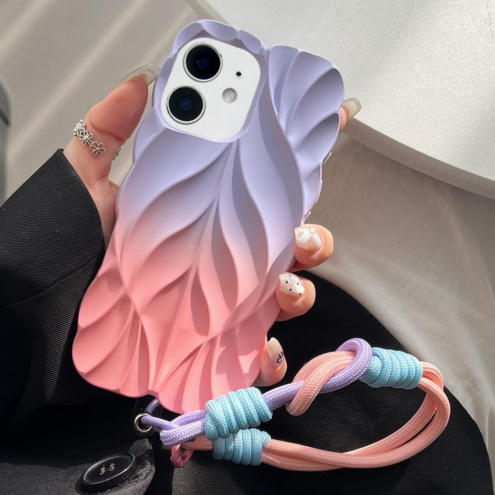 For iPhone 11 Thickened 3D Leaf Pattern Two-Color Oil-Sprayed TPU Phone Case with Strap(Purple Pink) - Shopkiz.com