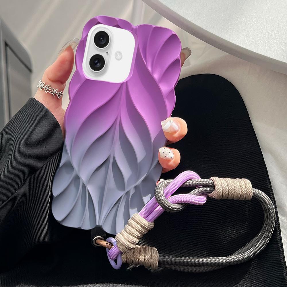 For iPhone 18 Thickened 3D Leaf Pattern Two-Color Oil-Sprayed TPU Phone Case with Strap(Purple Grey) - Shopkiz.com