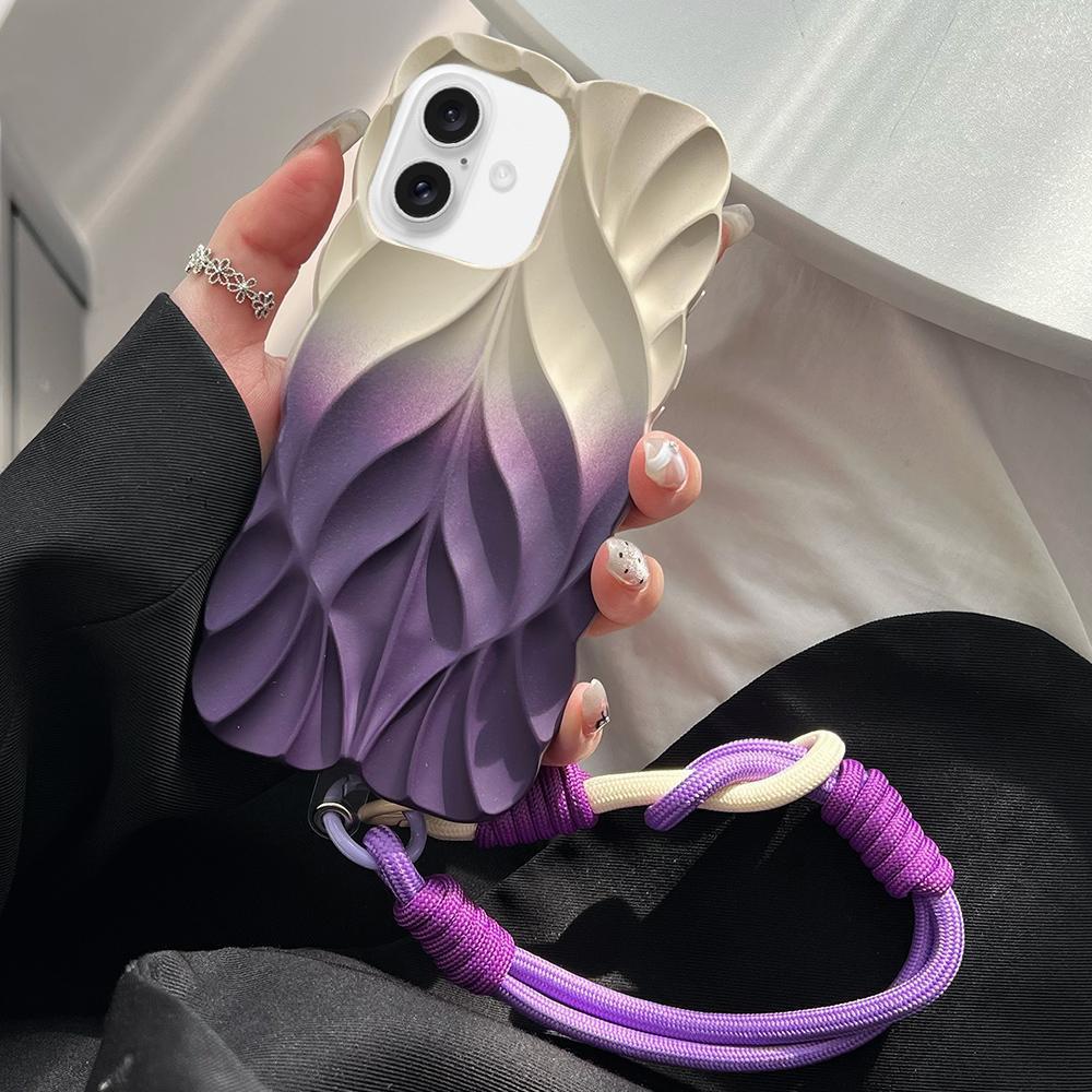 For iPhone 18 Thickened 3D Leaf Pattern Two-Color Oil-Sprayed TPU Phone Case with Strap(Purple Gold) - Shopkiz.com