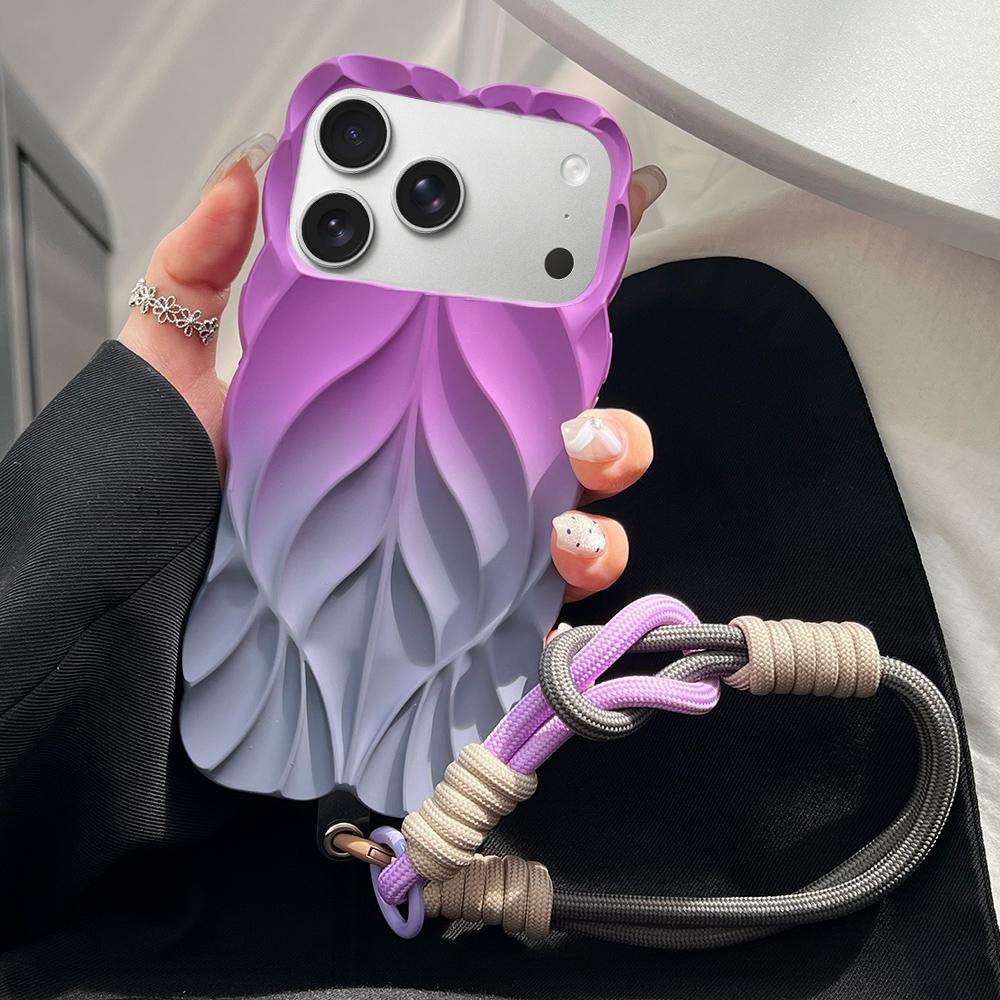 For iPhone 18 Pro Thickened 3D Leaf Pattern Two-Color Oil-Sprayed TPU Phone Case with Strap(Purple Grey) - Shopkiz.com