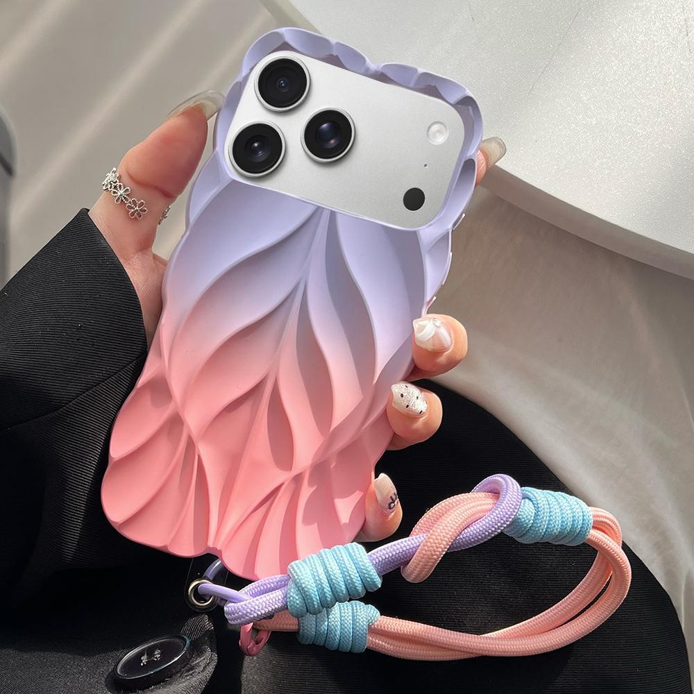 For iPhone 18 Pro Thickened 3D Leaf Pattern Two-Color Oil-Sprayed TPU Phone Case with Strap(Purple Pink) - Shopkiz.com