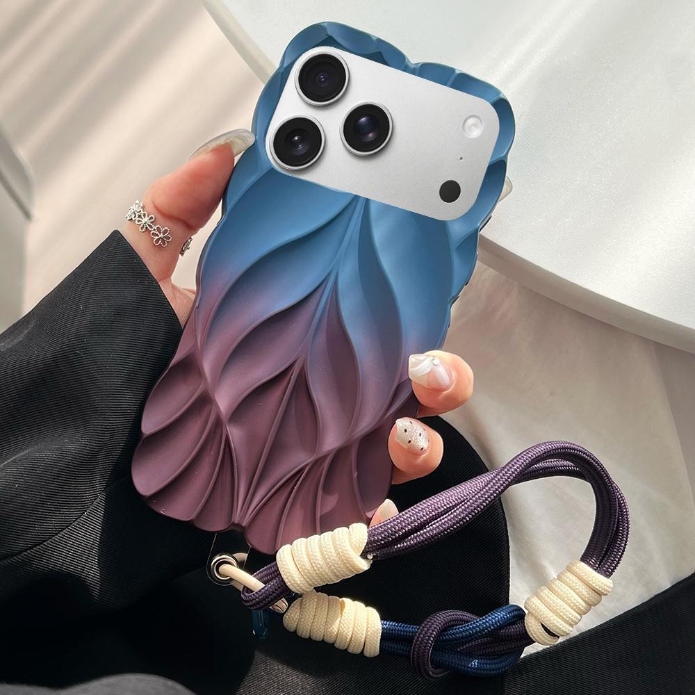 For iPhone 18 Pro Thickened 3D Leaf Pattern Two-Color Oil-Sprayed TPU Phone Case with Strap(Blue Wine Red) - Shopkiz.com