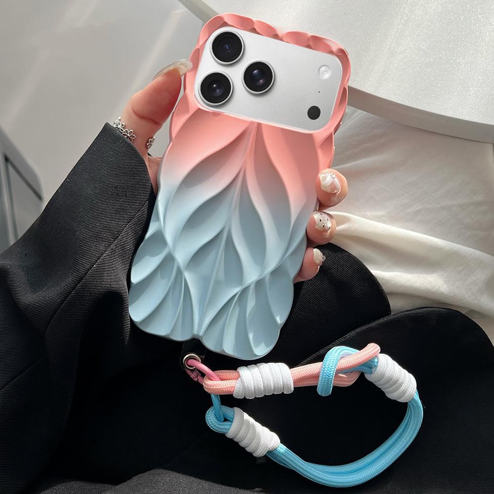 For iPhone 17 Pro Max Thickened 3D Leaf Pattern Two-Color Oil-Sprayed TPU Phone Case with Strap(Pink Blue) - Shopkiz.com