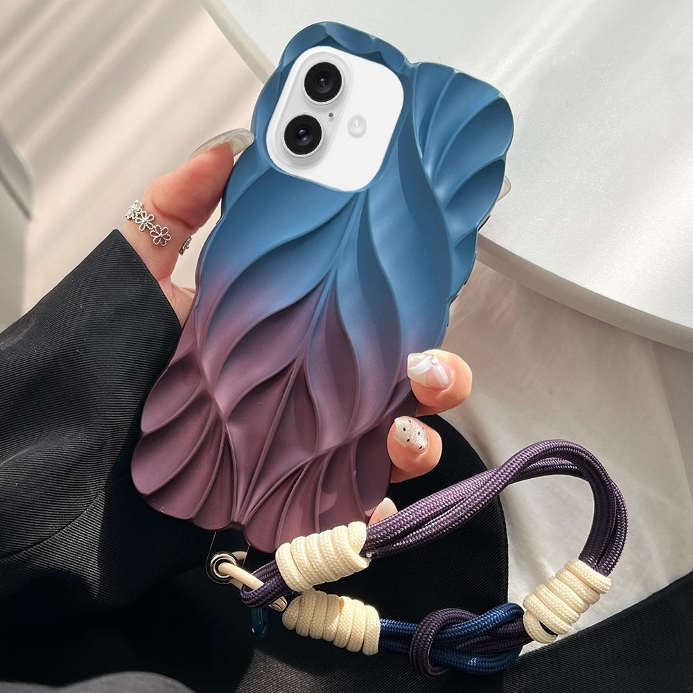 For iPhone 17 Thickened 3D Leaf Pattern Two-Color Oil-Sprayed TPU Phone Case with Strap(Blue Wine Red) - Shopkiz.com
