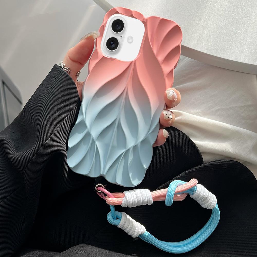 For iPhone 17 Thickened 3D Leaf Pattern Two-Color Oil-Sprayed TPU Phone Case with Strap(Pink Blue) - Shopkiz.com