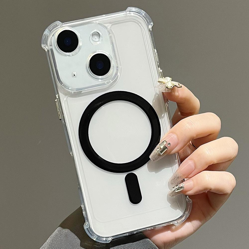 For iPhone 15 Plus Electroplating TPU Hybrid PC Four Corners Shockproof MagSafe Phone Case(Black) - Shopkiz.com