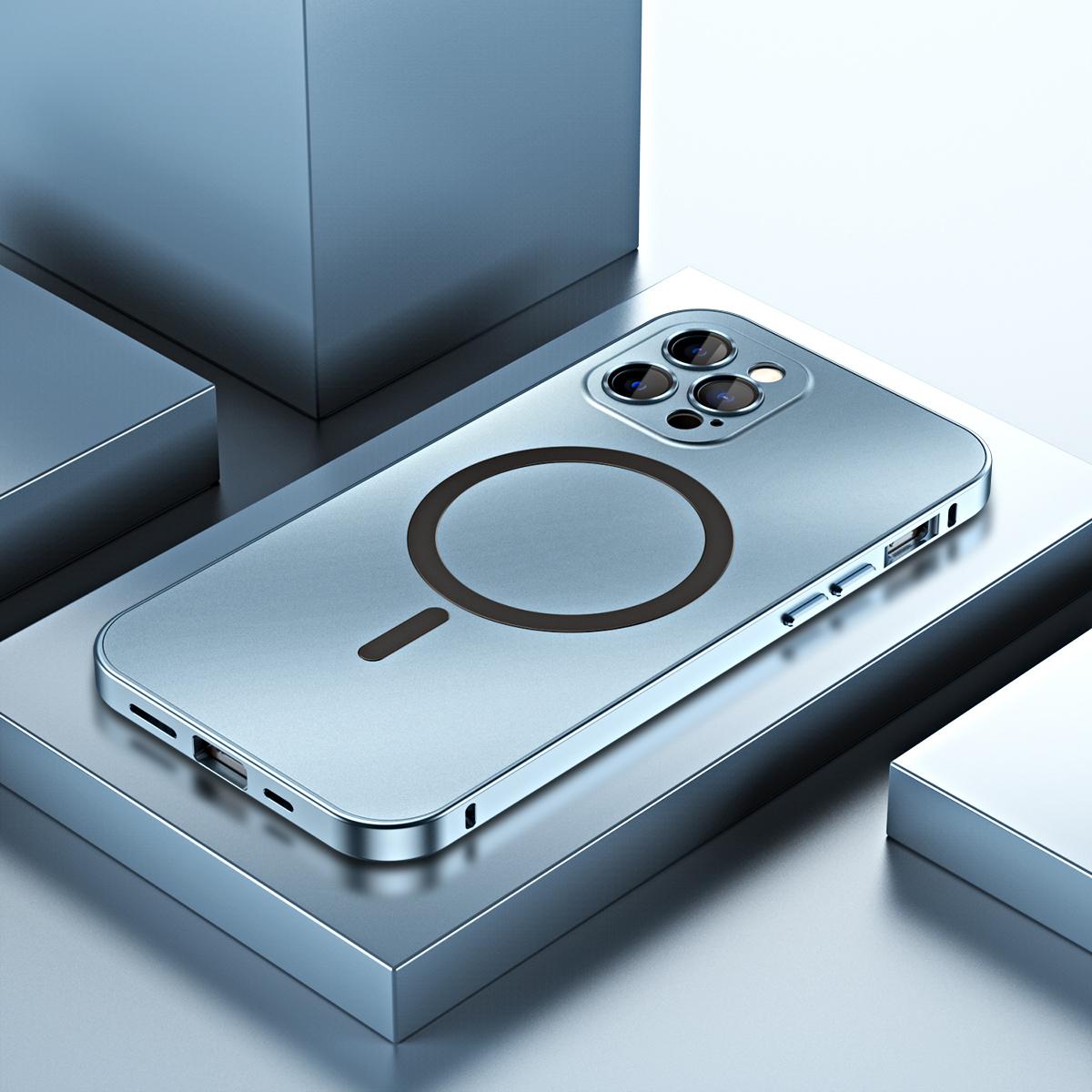 For iPhone 12 Pro Max Spring Buckle MagSafe Magnetic Metal Phone Case(Sierra Blue) - Shopkiz.com