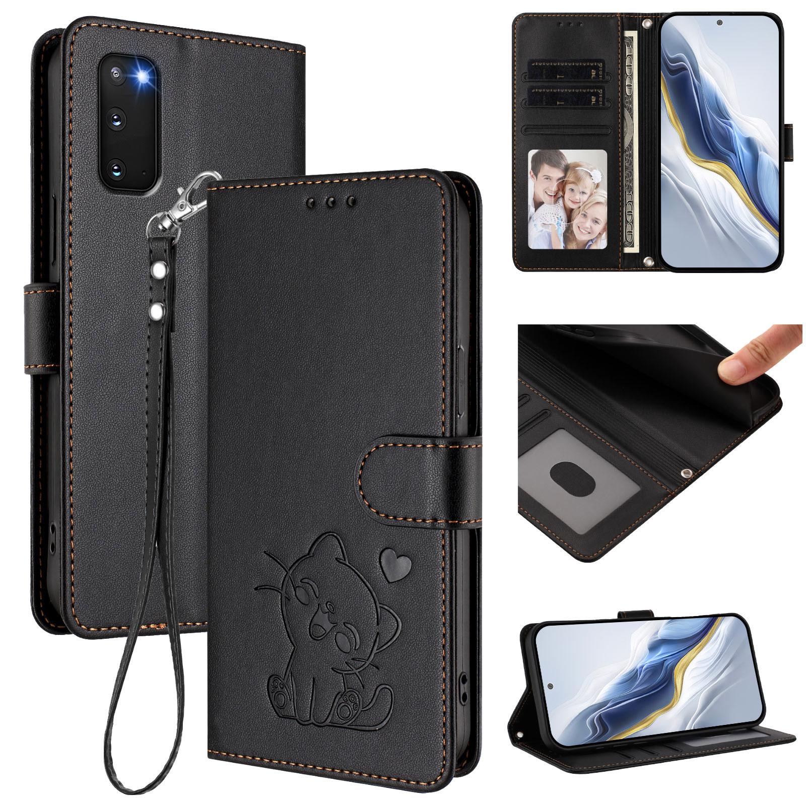 For Samsung Galaxy S20 FE Embossed Heart Cat Leather Phone Case with Hand Strap(Black)